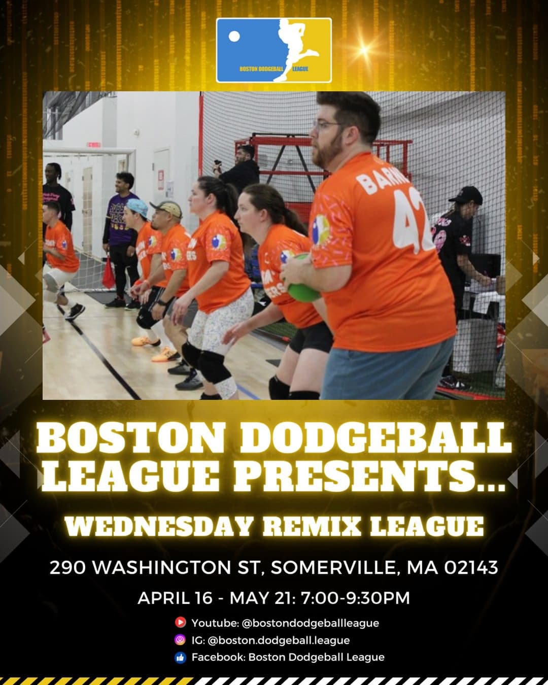 First league on Wednesday nights from 7-9:30pm between April 16 and May 21